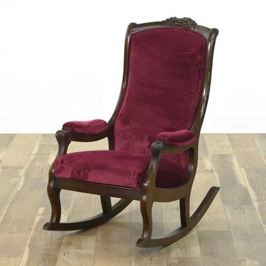 Victorian Rocking Chair W Maroon Velour Upholstery