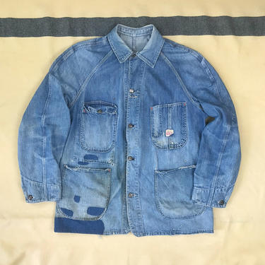 Size L Vintage 1950s Penney’s Pay Day Heavily Distressed Raglan Sleeve Denim Chore Coat 