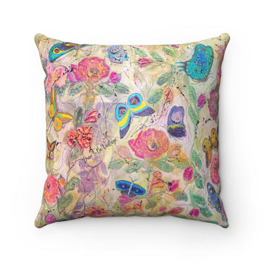 Butterflies Garden Flowers Floral Throw Indoor Pillow ~ Faux Suede Floral Butterfly Pillow ~ Decorative Pillow ~ Floral Print ~ Original Art 