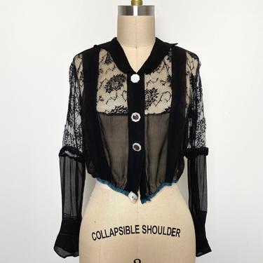 Antique 1910s Blouse Black Lace Silk Crepe 