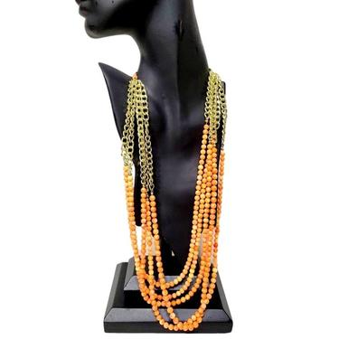 Long Orange Coral Layered Beaded Necklace - Five Strands - 31 inch 