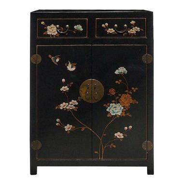 Chinese Black Color Flowers &amp; Birds Veneer Leather Side Table Shoes Cabinet cs681S