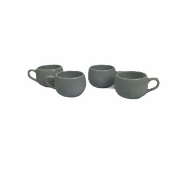 Vintage Porcelain Korean Blue Celadon Pottery Tea Cups with Cranes, Set of 4 