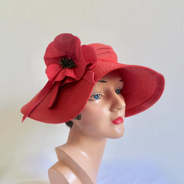 Vintage 1940&#39;s Coral Red Straw Wide Brim Hat Poppy Flower Floppy Spring Garden Party Portrait Picture Kentucky Derby Ascot 40&#39;s Millinery by seekcollect