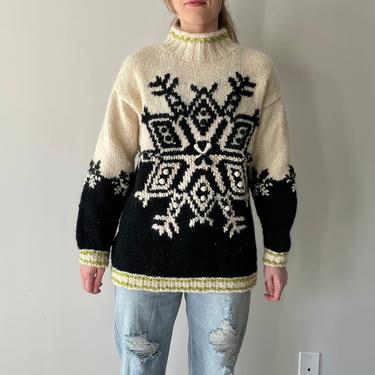 Vintage 90's Express Tricot Black and White Wool Snowflake Sweater, size xs 