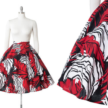Vintage 1950s Style Circle Skirt | 70s Tropical Leaf Printed Cotton Black Red Swing Skirt (medium) 