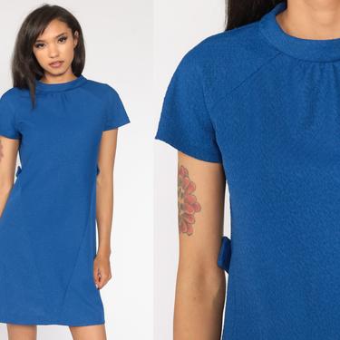 Mod Mini Dress Royal Blue Dress 60s Shift Poly Short Sleeve Dress 1960s Gogo Vintage Sixties Twiggy Plain 70s Dress Minidress Small Medium 