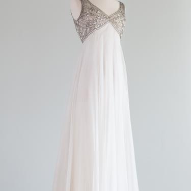 Stunning 1960's Ivory Chiffon Evening Gown With Beaded Bodice / Medium