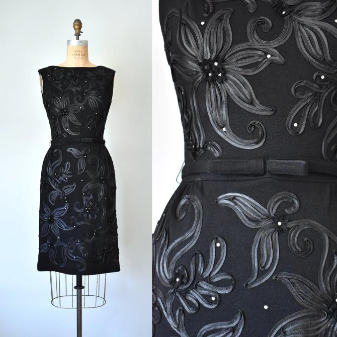 Annette wool knit ribbon rhinestones 1950 dress, 60s dress, vintage clothing women, little black dress, pinup 
