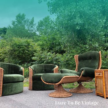 Rare Mid Century Modern Woven Wicker Rattan Lounger Barrel Chairs ~ Bohemian Rattan Chairs ~ Milo Baughman Style Lounger Barrel Chairs Set 