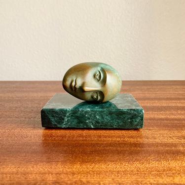 Intriguing Surrealist Bronze Floating Head Face Sculpture, Vintage Artist Signed 