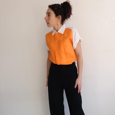 Vintage 60s Rayon Two Tone Bowling Shirt/ 1960s Color Block Orange White Nat Nast Button Up/ Rockabilly/ Small 