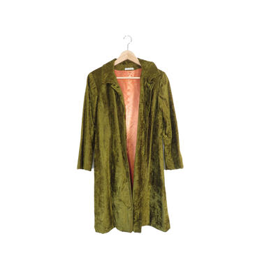 Vintage 60s Crushed Velvet Moss Green Trench Coat Size S/M 