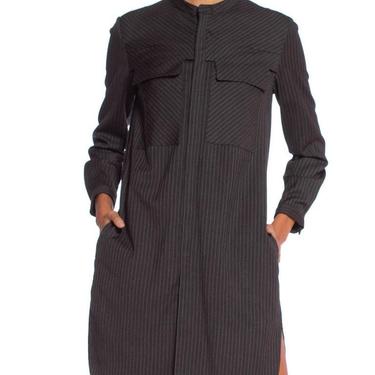 1980'S Dark Grey Wool Suiting Pinstripe Japanese Modernist Tunic Shirt Dress 