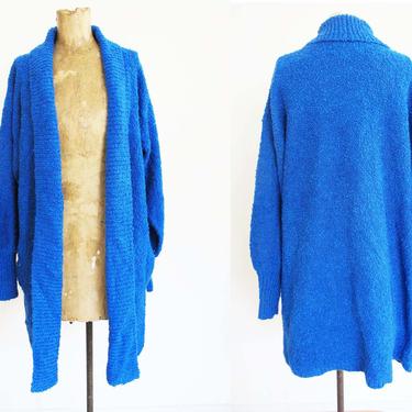 Vintage 80s Long Knit Cardigan Coat S M - Bright Blue Textured Knit Robe Cardigan -  Cozy Buttonless Cardigan -  80s Clothing 