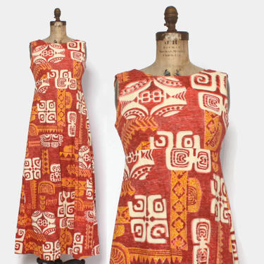 Vintage 60s HAWAIIAN DRESS / 1960s Tribal Print Cotton HoloMuu Maxi Dress M 