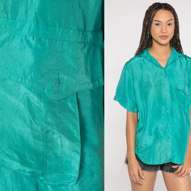 Turquoise Silk Shirt Button Up Shirt 90s Short Sleeve Blouse 1990s Oversized Streetwear Vintage Retro Plain Top Medium 