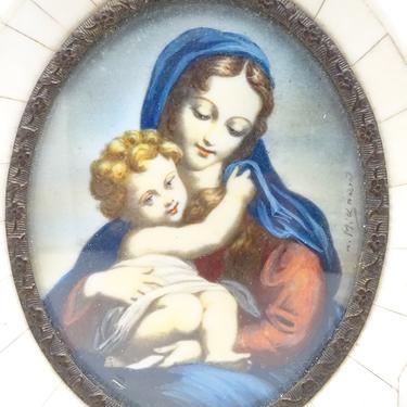 Antique German Miniature Portrait of Madonna and Child Jesus, Vintage Framed Religious Church Painting Saint Mary 
