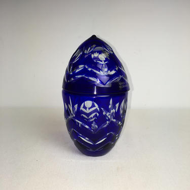 Vintage Cut to Clear Cobalt Blue Crystal Glass Covered Egg Trinket Dish Romania 