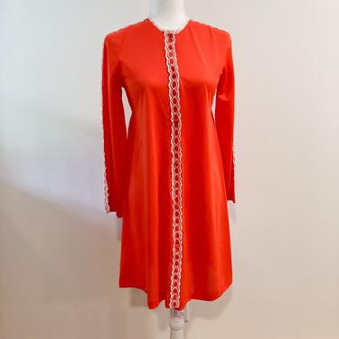 60s/70s Orange Red Nylon and Cream Lace Robe | Small/Medium 
