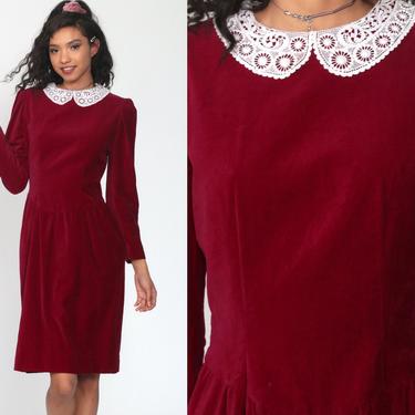 Red Velvet Dress 80s Midi LACE Collar Wiggle Hourglass Dress Long Sleeve Dress Formal Christmas Vintage 1980s Cocktail Party Dress Small 