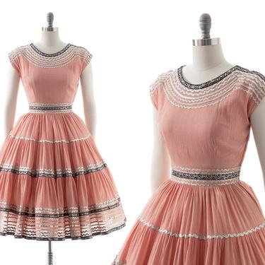 Vintage 1950s Patio Dress | 50s Ballerina Pink Rayon Gauze Metallic Silver Ric-Rac Tiered Circle Skirt Fiesta Square Dance Day Dress (small) 