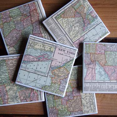 1909 New York Handmade Repurposed Vintage Map Coasters Set of 6 - Ceramic Tile - Repurposed 1900s Hammond Atlas - One of a Kind - NYC 
