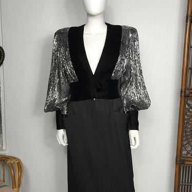Vtg 80s avant garde black RARE Jacqueline de Ribes velvet Silk puff sleeve dress 
