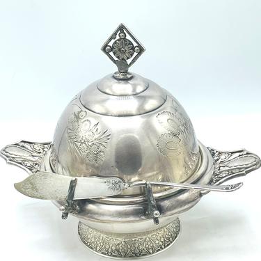 Vintage Quadruple Plate Silver Plate Covered Butter Dish with knife holder4 PC 
