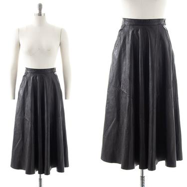 Vintage 1980s Skirt | 80s does 50s Buttery Soft Black Leather High Waisted Full Midi Swing Skirt with Pockets (small) 