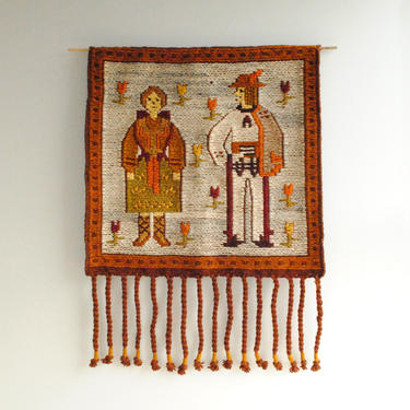 Vintage Polish Folk Art Weaving of a Man and Woman, Cepelia Poland Wall Hanging Weaving 