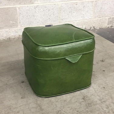 Vintage Ottoman Retro 1970s Green Vinyl + Square Shaped + Cushioned Footstool + Visible Stitching + Extra Seating or Table + Home Decor 