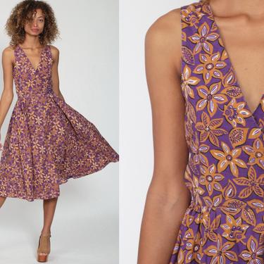 Cotton Wrap Dress Purple Floral Dress Boho Midi Deep V Neck 90s SunDress High Waist Vintage Sun Sleeveless Bohemian Extra Small xs 