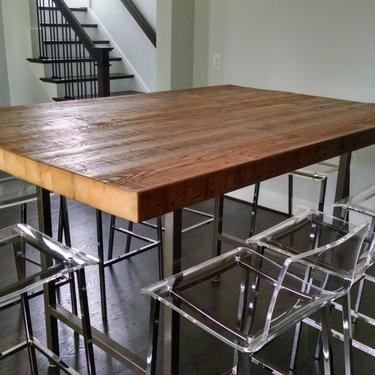 Solid Wood Bar Table, Restaurant Table, Pub Table with reclaimed wood top and steel legs in your choice of color, size, thickness and finish 
