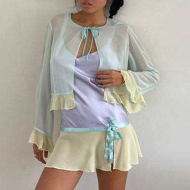 90s sheer silk chiffon blouse / vintage color block pastel silk chiffon ruffled bell sleeve open front sheer blouse bed jacket | M 