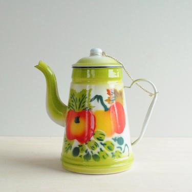 Vintage Enamel Teapot with Red and Green Fruit Design, Vintage Enamelware Coffee or Tea Kettle 