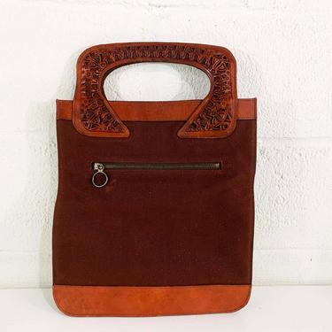 Vintage Brown Canvas Top Handle Purse Embossed Leather Canvas Mocha Shoulder Bag Handbag Retro Tote Boho Bohemian 70s 1970s 