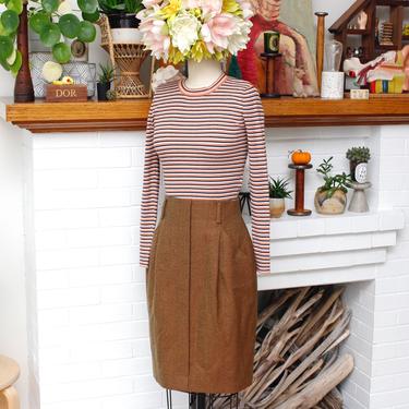 Vintage 1990s Pencil Skirt - Ellen Tracy Brown Wool High Waist Skirt with Pockets - XS 