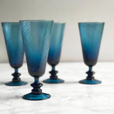 Blue Smoke Glass Parfait Glasses Set of 4 / Smoke Blue Mid Century Ice Cream Glasses / Dessert Glasses 