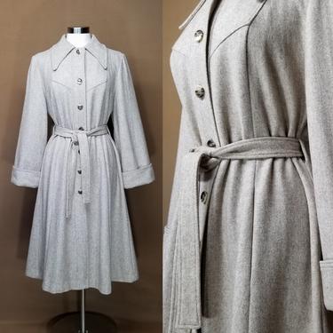 Vintage 1970s Wool Princess Coat ~ Long Swing Coat ~ Creamy Beige Wool ~ Oversized Wide Sleeves Thick Cuffs ~ Pointed Collar Belted ~ M/L 
