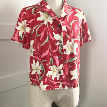 1990s Red Tropical Orchid Short Sleeve Hawaiian Button Up Shirt- size med 