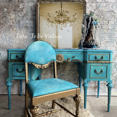 Hand Painted Bohemian Vanity Desk Turquoise ~ Bohemian Vanity ~ Vintage Jewels ~ Vintage Makeup Vanity - Dressing Table ~ Painted Furniture 