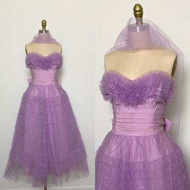 Vintage 1950s Dress 50s Purple Prom Party Dress Size Small Lavender Formal 