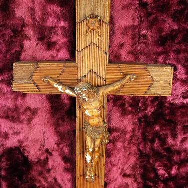 Antique Tramp Art Matchstick Crucifix Cross 