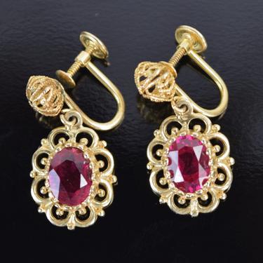 Pair Vintage Estate 14k Yellow Gold Filigree Earrings w Ruby Center Stones 