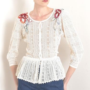 Vintage 1980s Blouse / 80s Floral Crochet Peplum Cardigan / White ( small S ) 