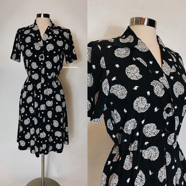 Vintage Liz Claiborne Black Dress Seashell Print 1980s 