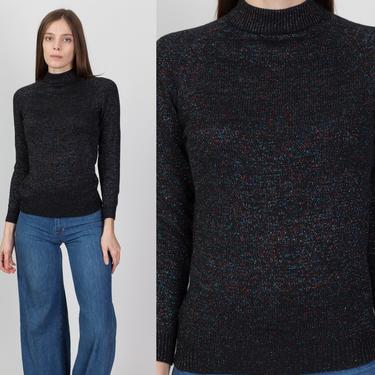 70s Mockneck Metallic Knit Sweater - Small | Vintage Black Lightweight Pullover Top 