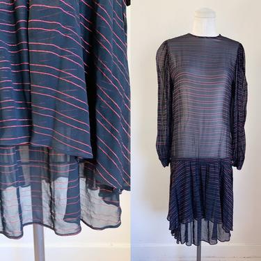 Vintage 1980s Sheer Black and Red Lurex Striped Dress / S 