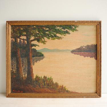 Vintage Lake and Mountains Original Landscape Oil Painting, Signed Landscape Painting in Wood Frame 